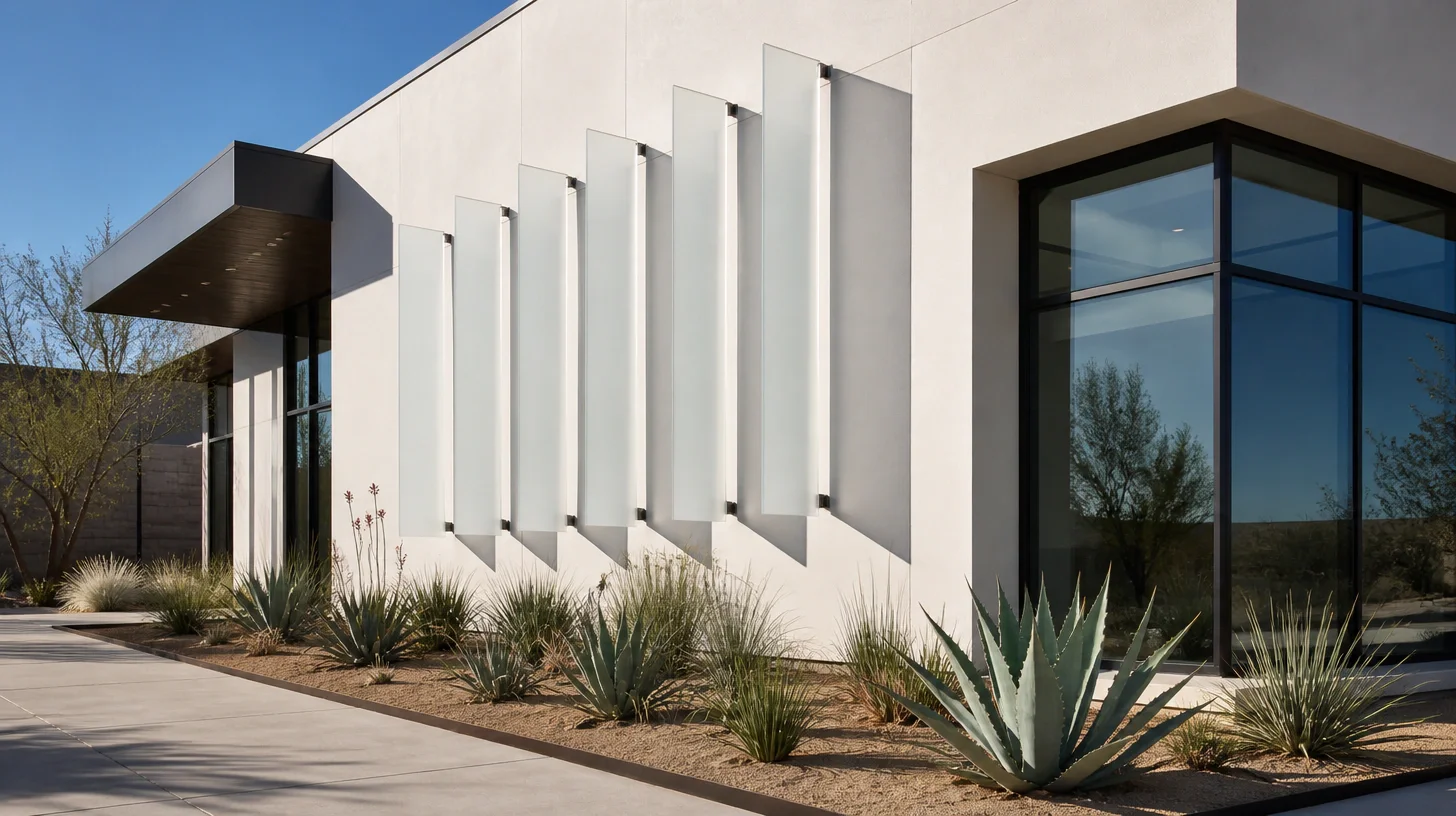 A low-rise professional building with white stucco walls and a row of vertical frosted glass fins casting hard diagonal shadows across the facade, dark-framed corner glazing, and agave and ornamental grasses planted in decomposed granite