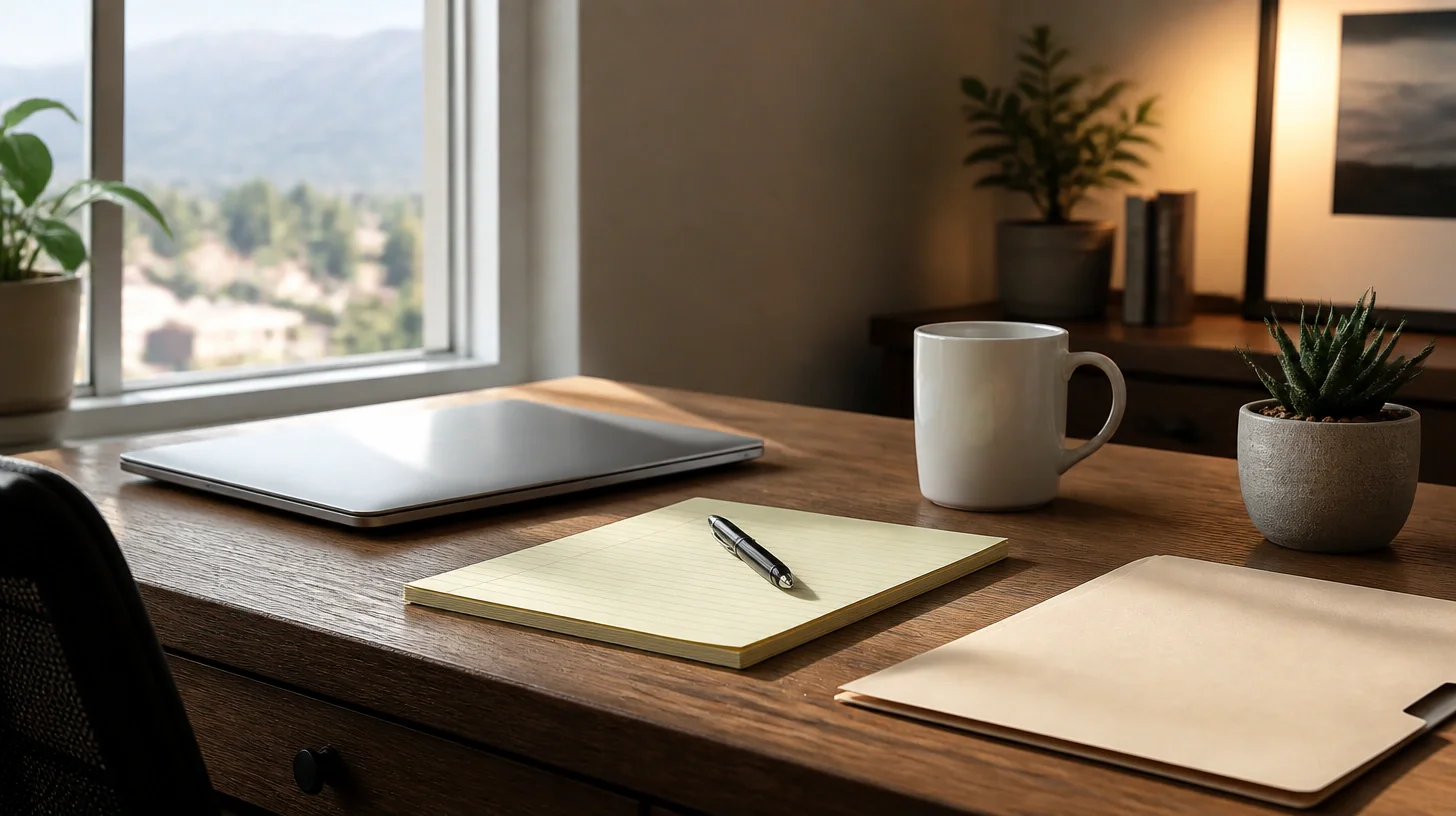 An oak desk holding a closed laptop, a blank legal pad with a pen across it, a plain white mug, a manila folder and a small potted succulent, with hills visible through the window