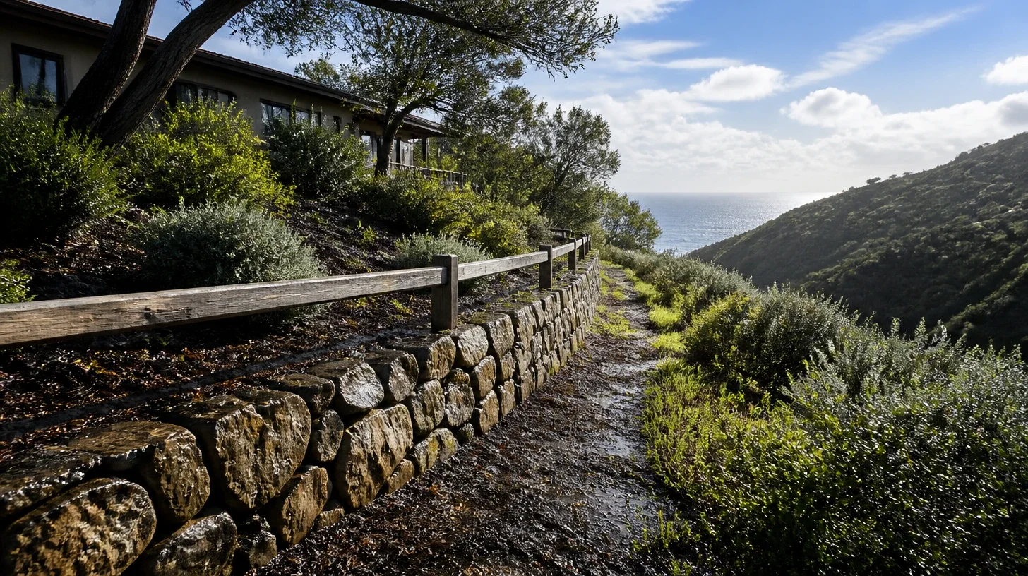 The edge of a Malibu property on the first clear morning after rain, a dry-laid stone retaining wall and timber rail running away along the boundary with the ground dark and wet and the canyon opening to the ocean beyond