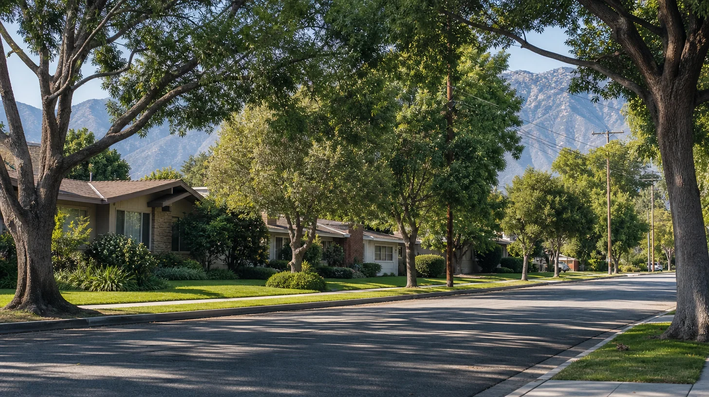 A tree-lined residential street of single-storey houses set back behind deep lawns, with mature canopy throwing dappled shade across the roadway and a mountain wall soft behind the treeline