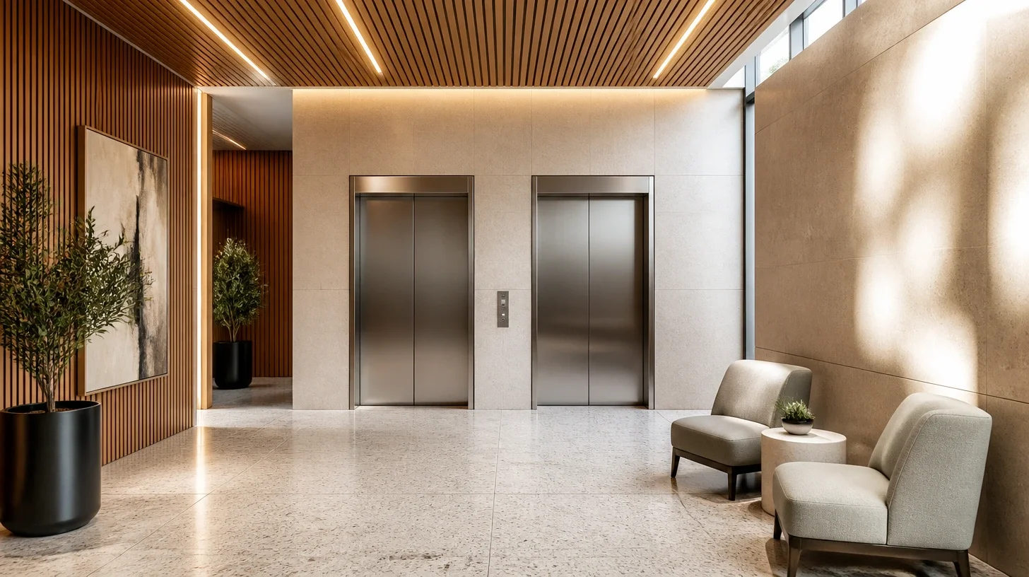 A commercial lobby with a timber slat ceiling, large format stone wall panels, two brushed metal lift doors and a terrazzo floor, with a pair of upholstered chairs, olive trees in black planters and daylight falling across the wall
