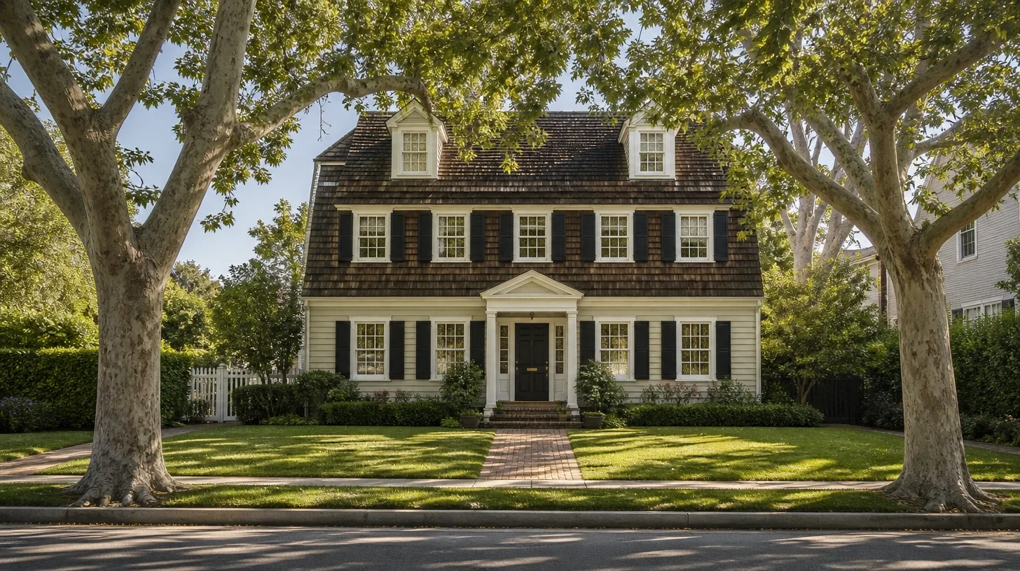 A cream Dutch Colonial house with a gambrel roof in weathered cedar shingle, two shed dormers, black shutters and a pedimented entry porch, set back behind a deep lawn and framed by two large sycamores