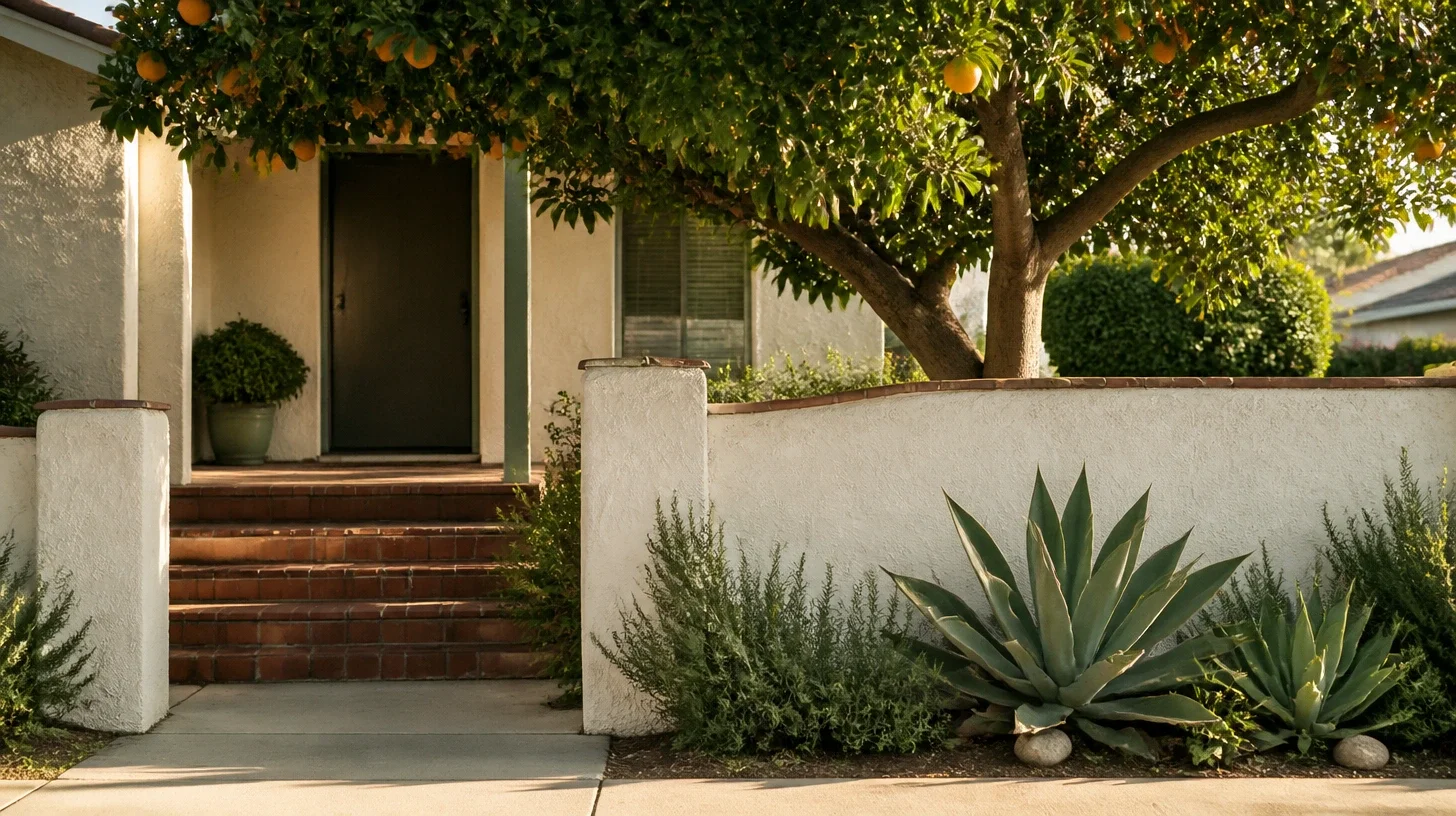 Brick front steps rising to a recessed entrance with a dark door, a white stucco garden wall running to the right, a fruiting citrus tree overhanging it and agaves and rosemary at its base