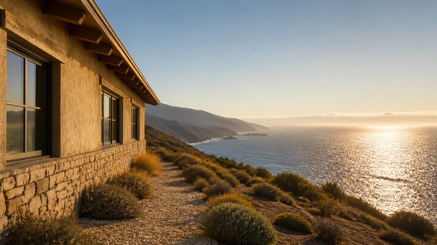 A Malibu house on a coastal slope in late afternoon, its lit elevation running away on the left while the open Pacific fills the right of the frame under a broad band of broken light, the coast stepping out in headlands that grow paler with distance