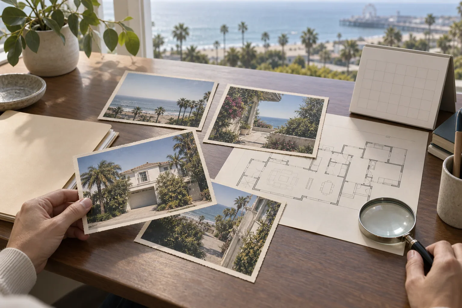 Dated Santa Monica property photographs and floor plan reviewed for a retrospective probate appraisal