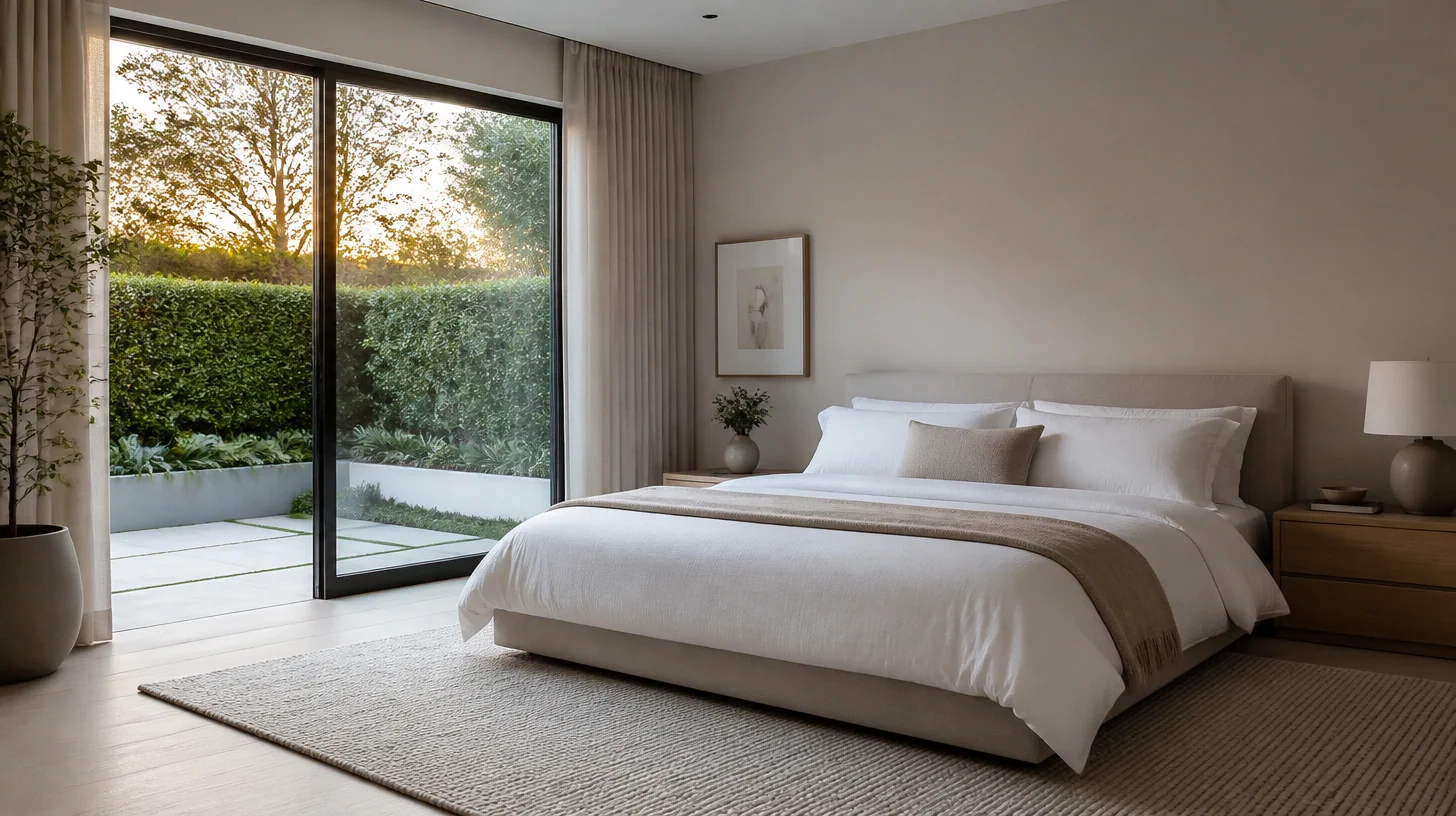 A bedroom with a sliding glass wall onto a small planted terrace, an upholstered bed made up in white, two nightstands and a woven rug
