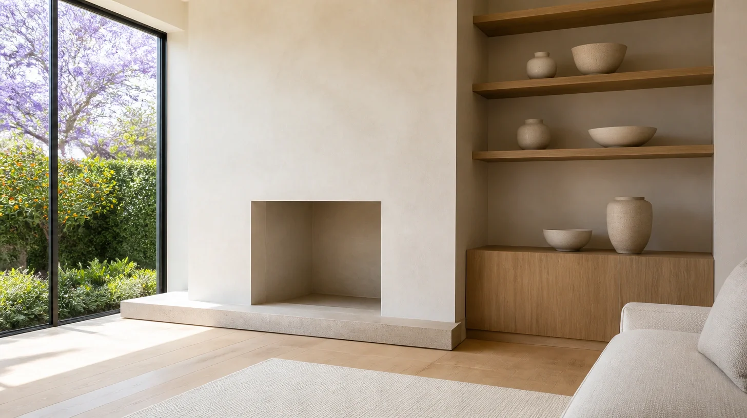 A contemporary living room in warm plaster with a plain rendered fireplace opening above a clean stone hearth, oak shelving carrying pale ceramic vessels, and full-height glazing onto a jacaranda in flower