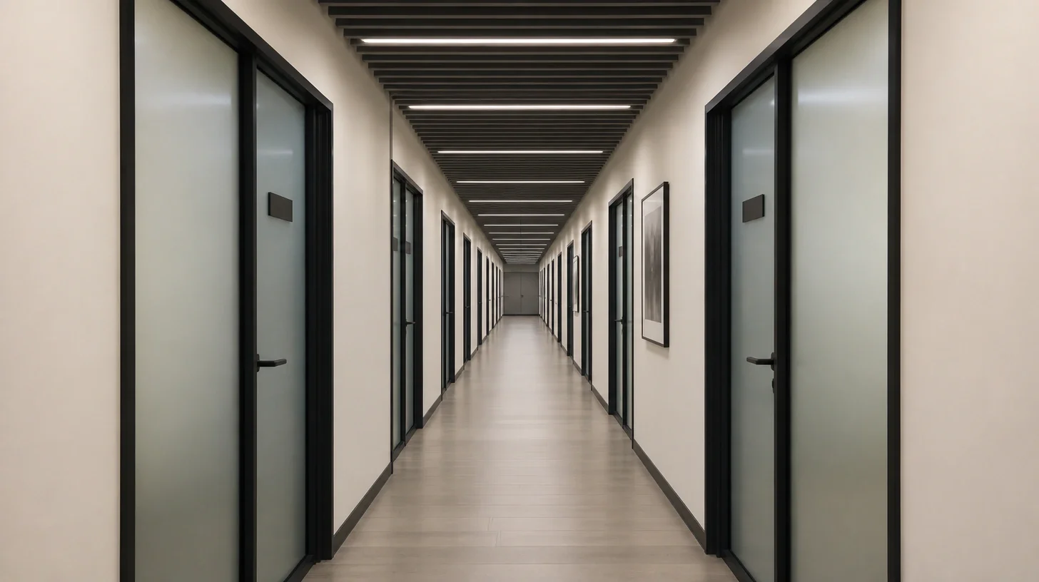 A corridor on a fitted commercial floor, with a slatted acoustic ceiling, linear lighting, black-framed doors with frosted glazing and blank card holders beside each