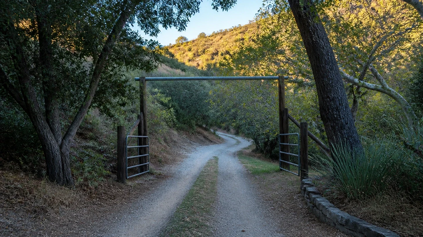 A private unsealed access way in a Malibu canyon seen through an open timber and pipe gate, wheel tracks with a grass centre, first light on the upper slope while the way itself stays in cool shade