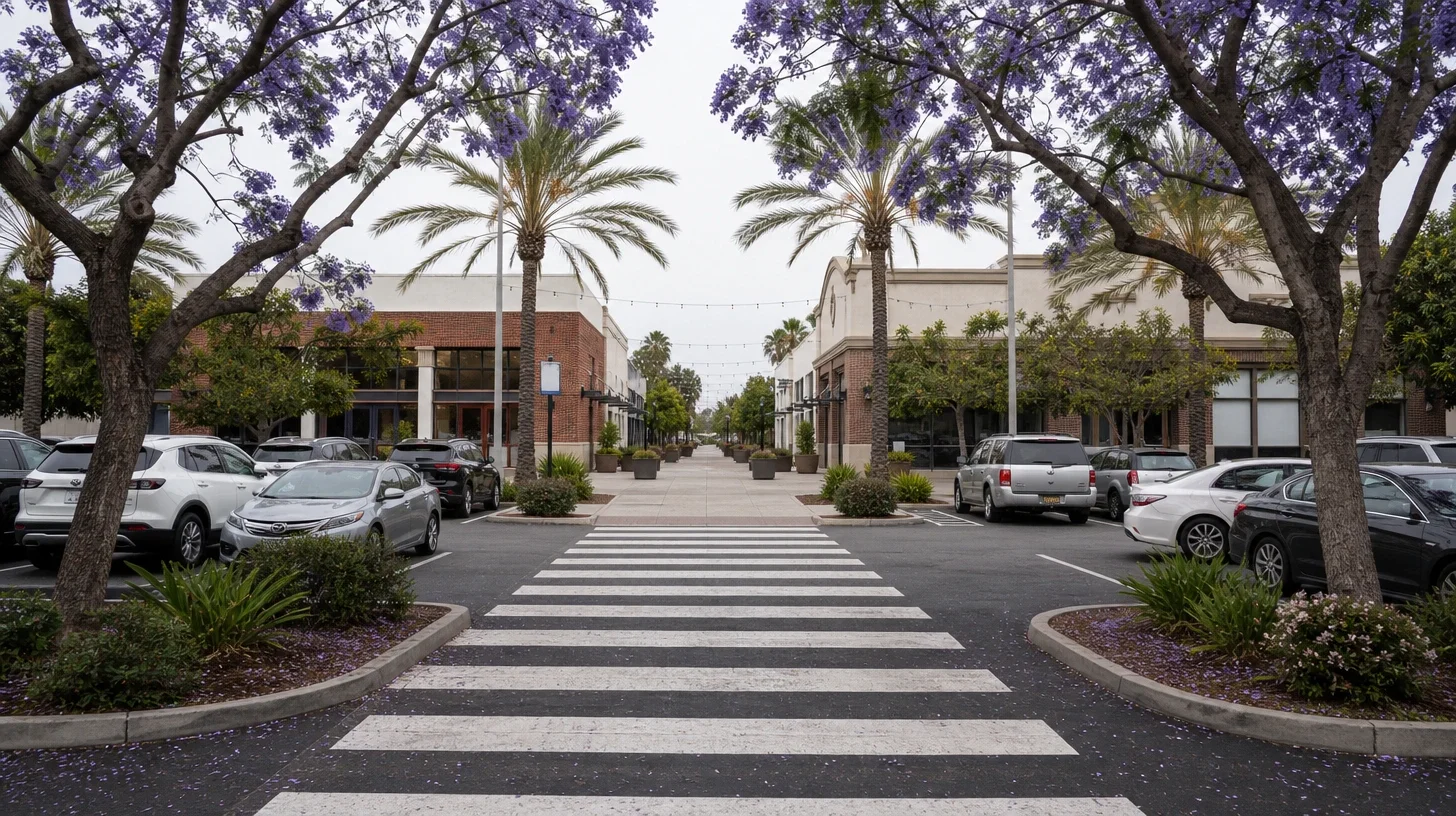 A surface parking lot beneath flowering jacaranda and mature palms, a wide striped crosswalk leading to a landscaped pedestrian spine between two low commercial buildings in brick and cream stucco under an overcast sky