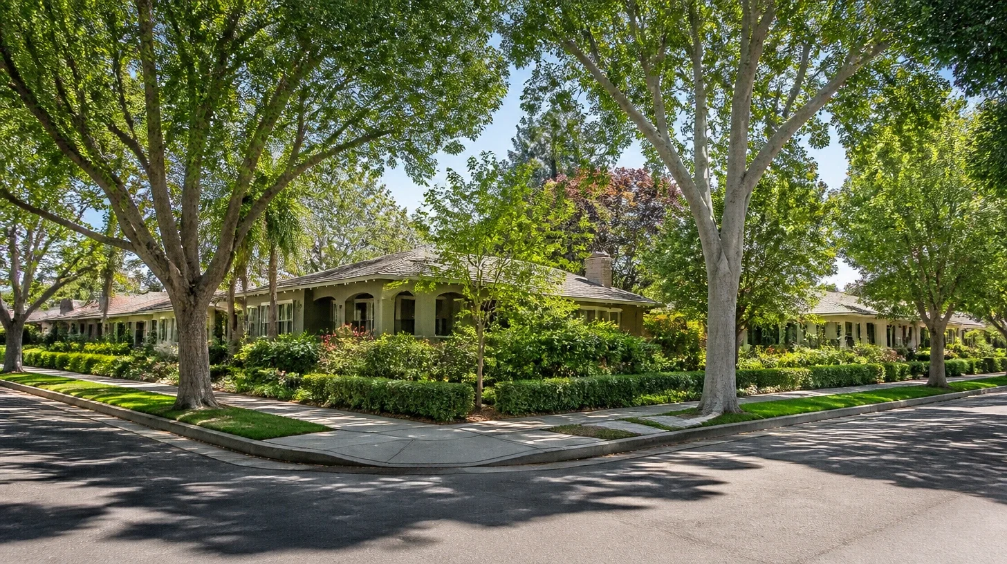 A level Studio City residential corner seen from the pavement across the junction, two streets meeting under mature broadleaf canopy with homes set back behind planting