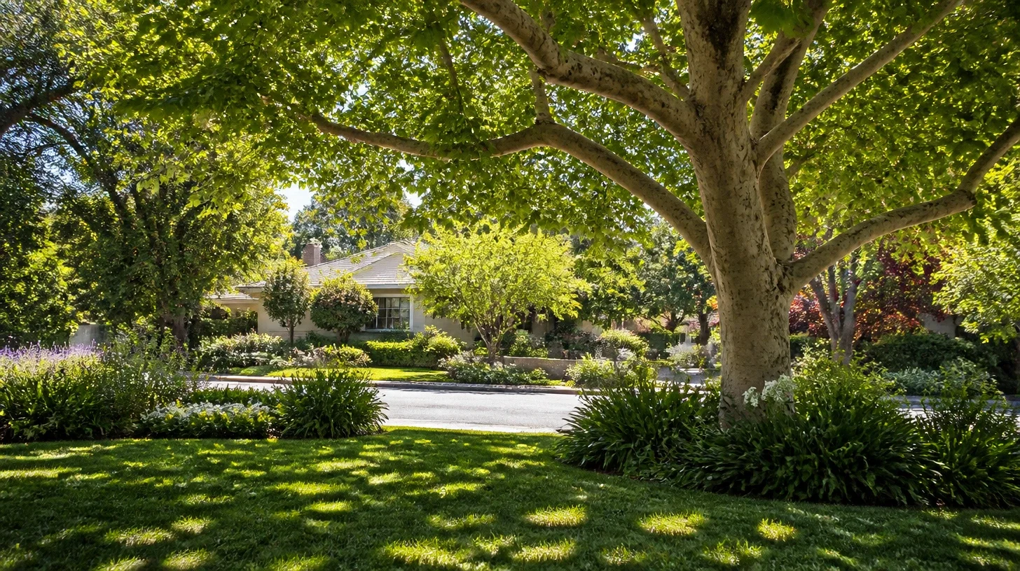 A mature street tree seen from inside a Studio City front garden looking back toward the kerb, its canopy meeting the top of the frame