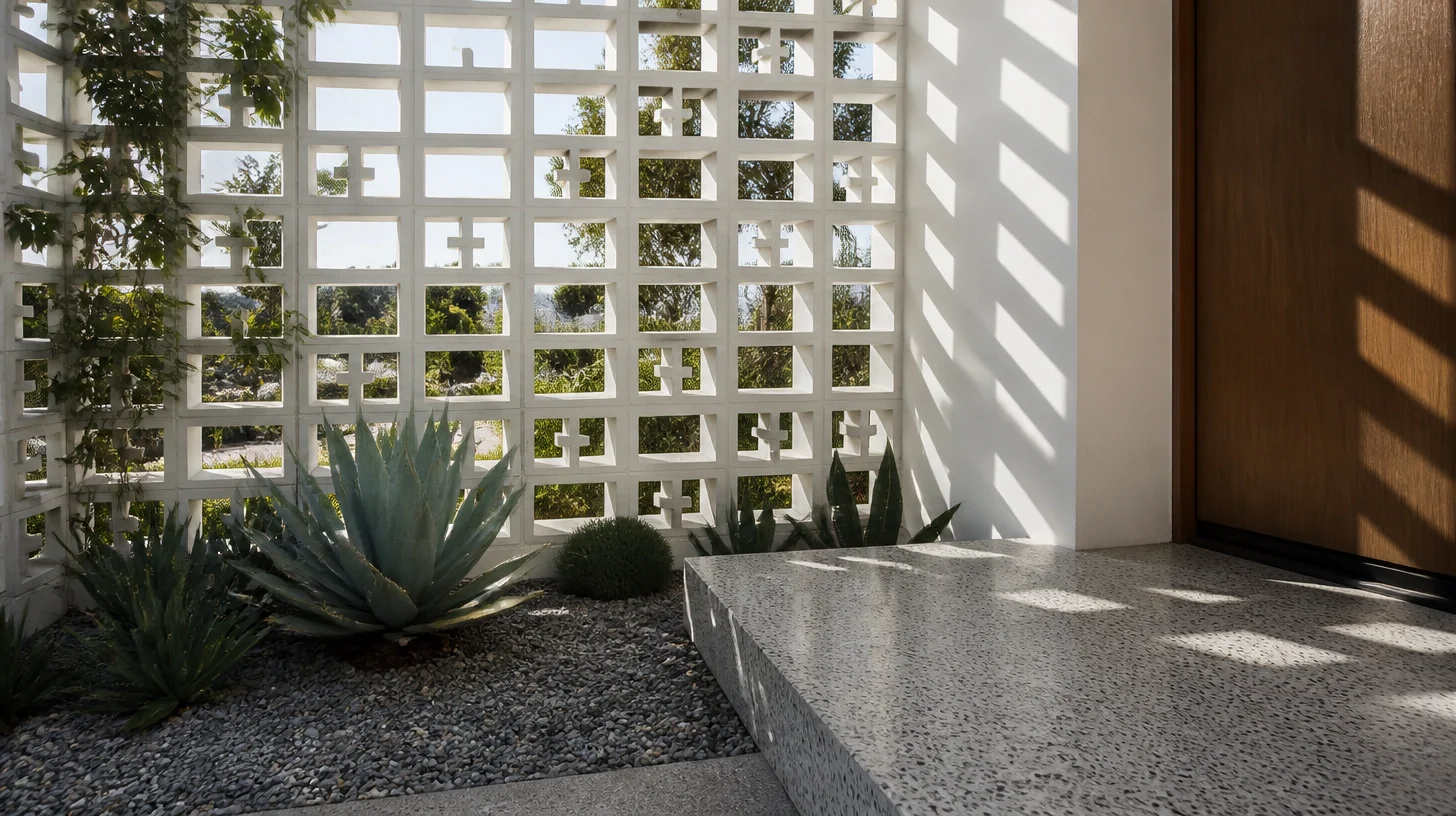 An entry court behind a white breeze-block screen wall, with agave and clipped shrubs set in grey gravel, a terrazzo step and a flush timber door in hard sunlight