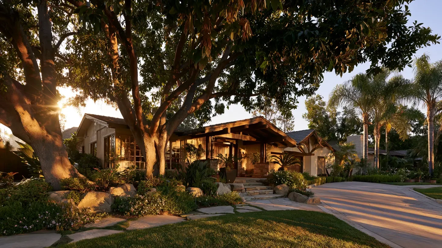 Golden-hour view of a North Hollywood single-family residence with mature landscaping, representing the estate property whose date-of-death value must be established.