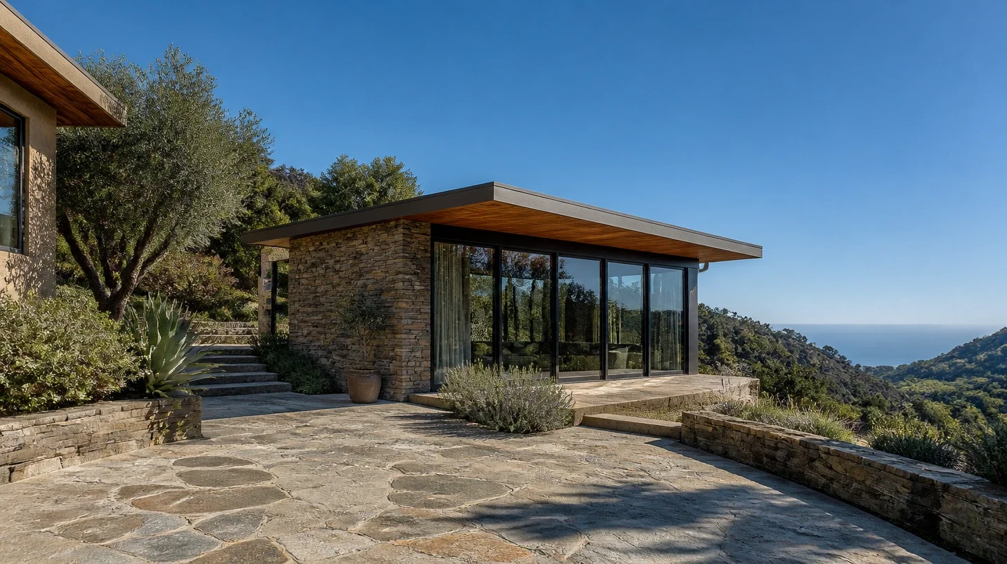 A detached pavilion on the stone terrace of a Malibu hillside property, stacked stone flank and full-height glazing under a deep overhang, with the residence aside and the canyon falling to a hazed ocean