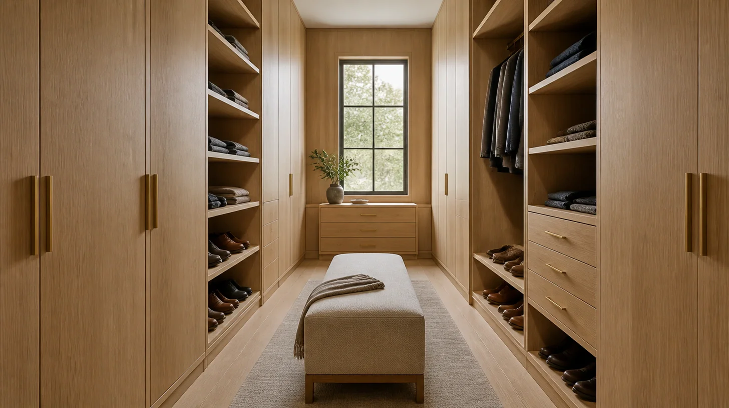 A custom primary dressing room with floor-to-ceiling oak cabinetry, open shelving, a low upholstered bench and a window at the end of the aisle