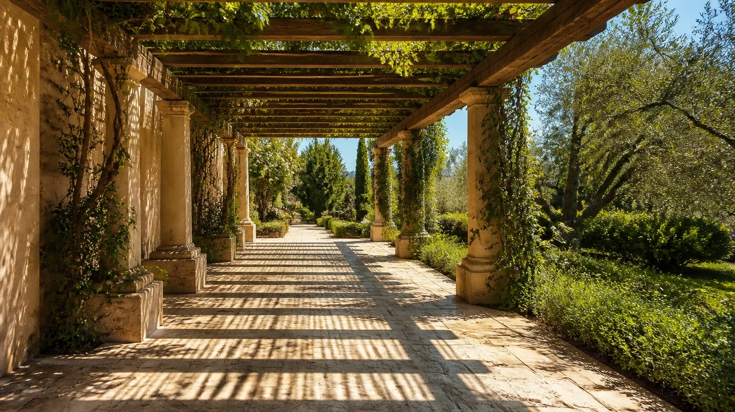 A stone-paved terrace beneath a timber pergola grown over with a mature vine, striped shadow falling across the paving and running away toward planting