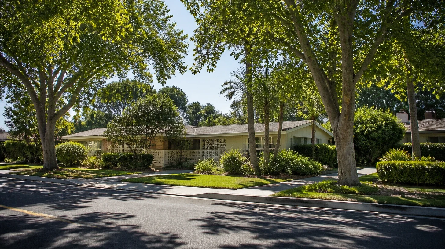 The same Encino street seen from the far side of the road, homes of one period running down the block beneath a mature canopy.