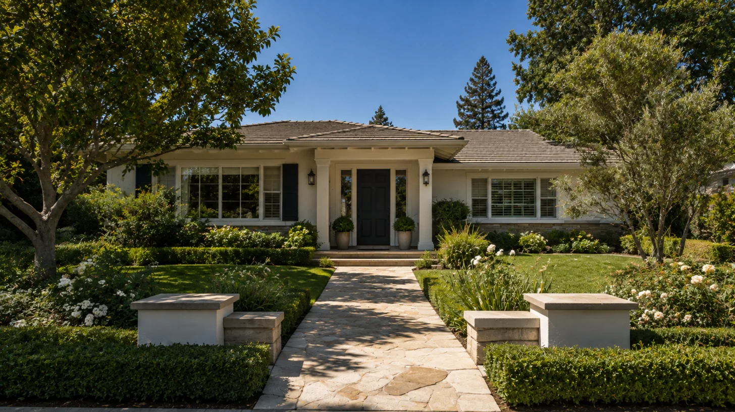 The front of a well-kept single-storey Encino home seen from the end of its own path, framed simply in clear morning light.