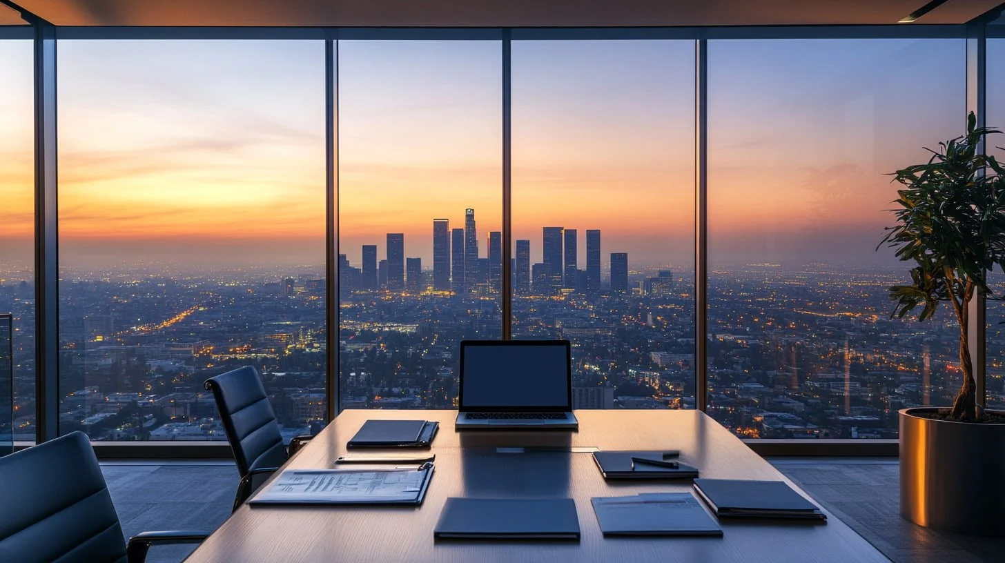 Modern trust appraisal office overlooking the Downtown Los Angeles skyline with laptop and documents prepared for fiduciary valuation