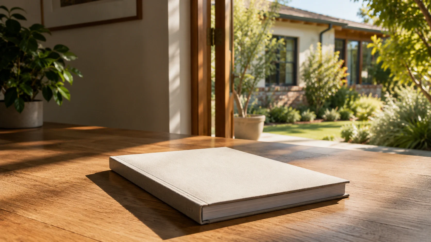 A single cloth-bound report lying closed on a wooden table, with daylight from an open doorway that looks out to a stucco house and garden.