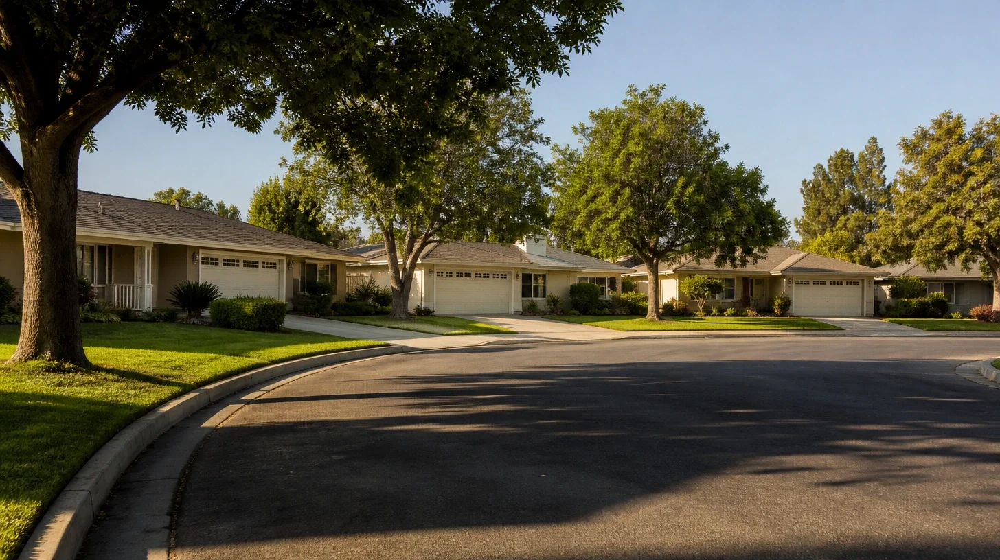A curving street of single-storey ranch houses, each with a white garage door facing the road, their rooflines repeating four times across the frame beneath tall shade trees and clipped front lawns