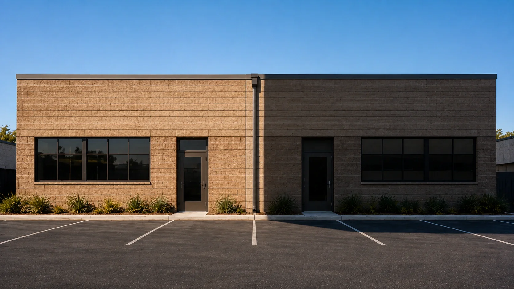 A symmetrical two-tenant commercial building photographed square-on, divided down the centre by a party-wall joint and downpipe, the left half in full sun and the right half in deep shadow.