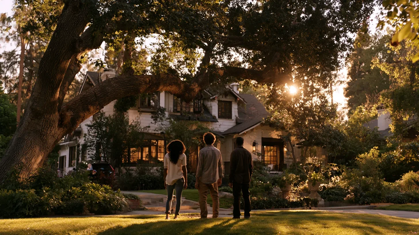 Three adults standing on the front lawn of a North Hollywood home, seen from behind, looking toward the house.