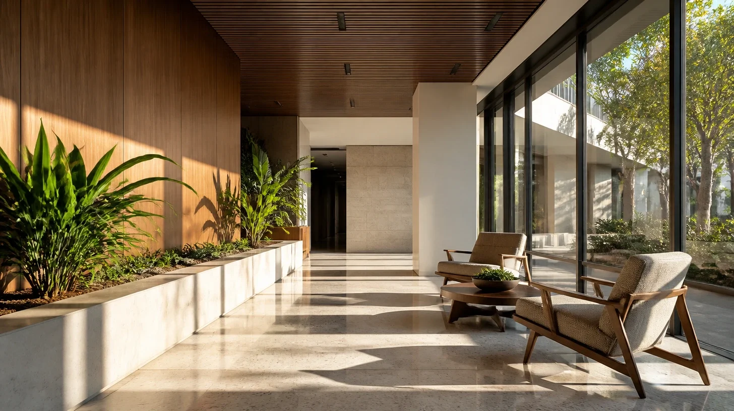 A calm professional common area inside an Encino office building, daylight raking across a stone floor.