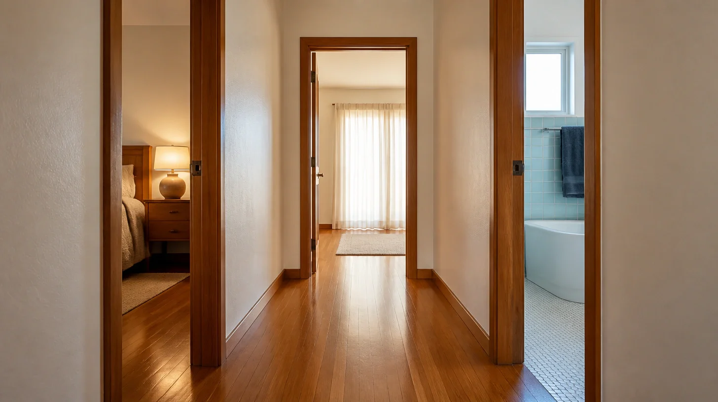 A hallway in a home with polished wood floors and stained wood door frames, opening onto a bedroom with a lit lamp, a bright room with a sheer-curtained window and a bathroom with pale blue tile