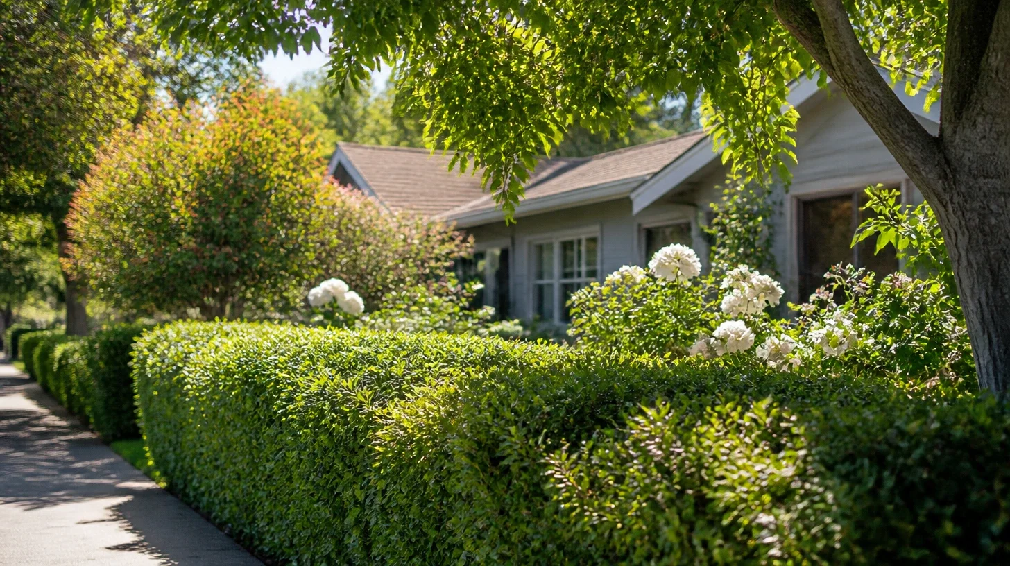A mature clipped hedge border running along the front of a Studio City property, the house visible above and beyond it