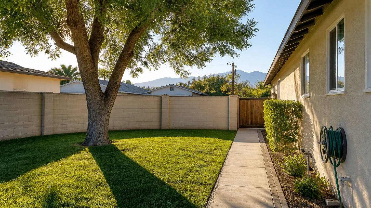 A side yard with a mown lawn and one mature broad-canopy tree throwing a long shadow, a block boundary wall, a paved path to a timber side gate and neighbouring rooflines behind