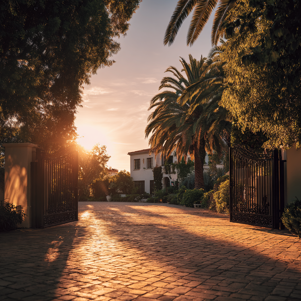 Palm-lined entrance to a Santa Monica residence in late-afternoon light