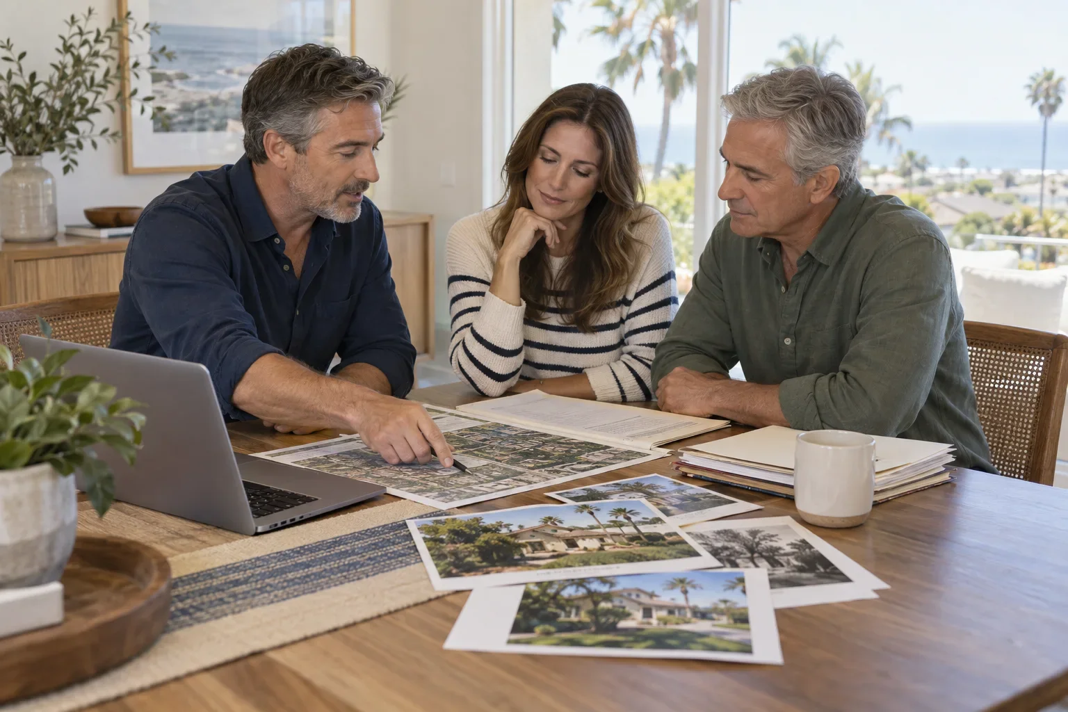 Illustrative scene of an appraiser reviewing property records with estate representatives in a Santa Monica home