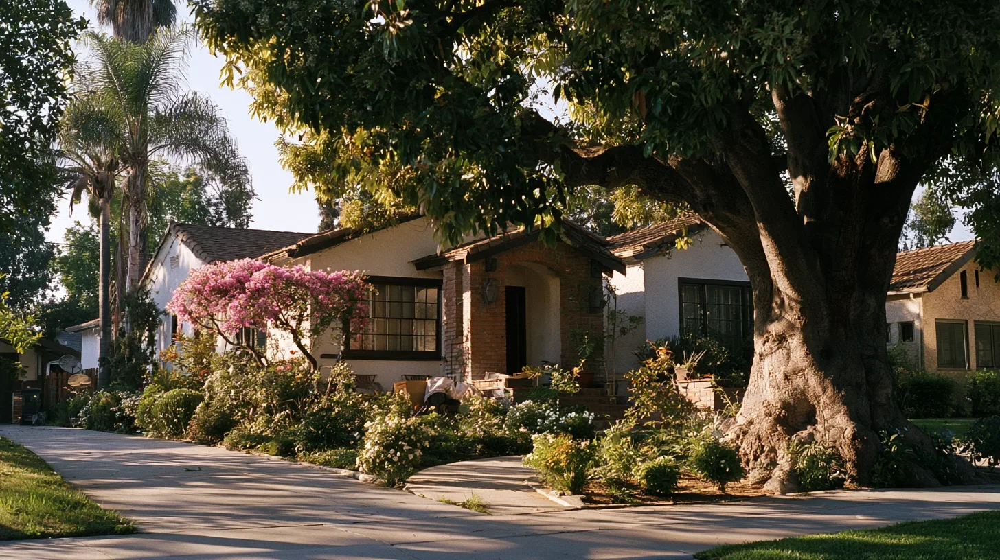 An established North Hollywood bungalow with mature trees and flowering landscaping, representing a family home being managed through probate by an executor.