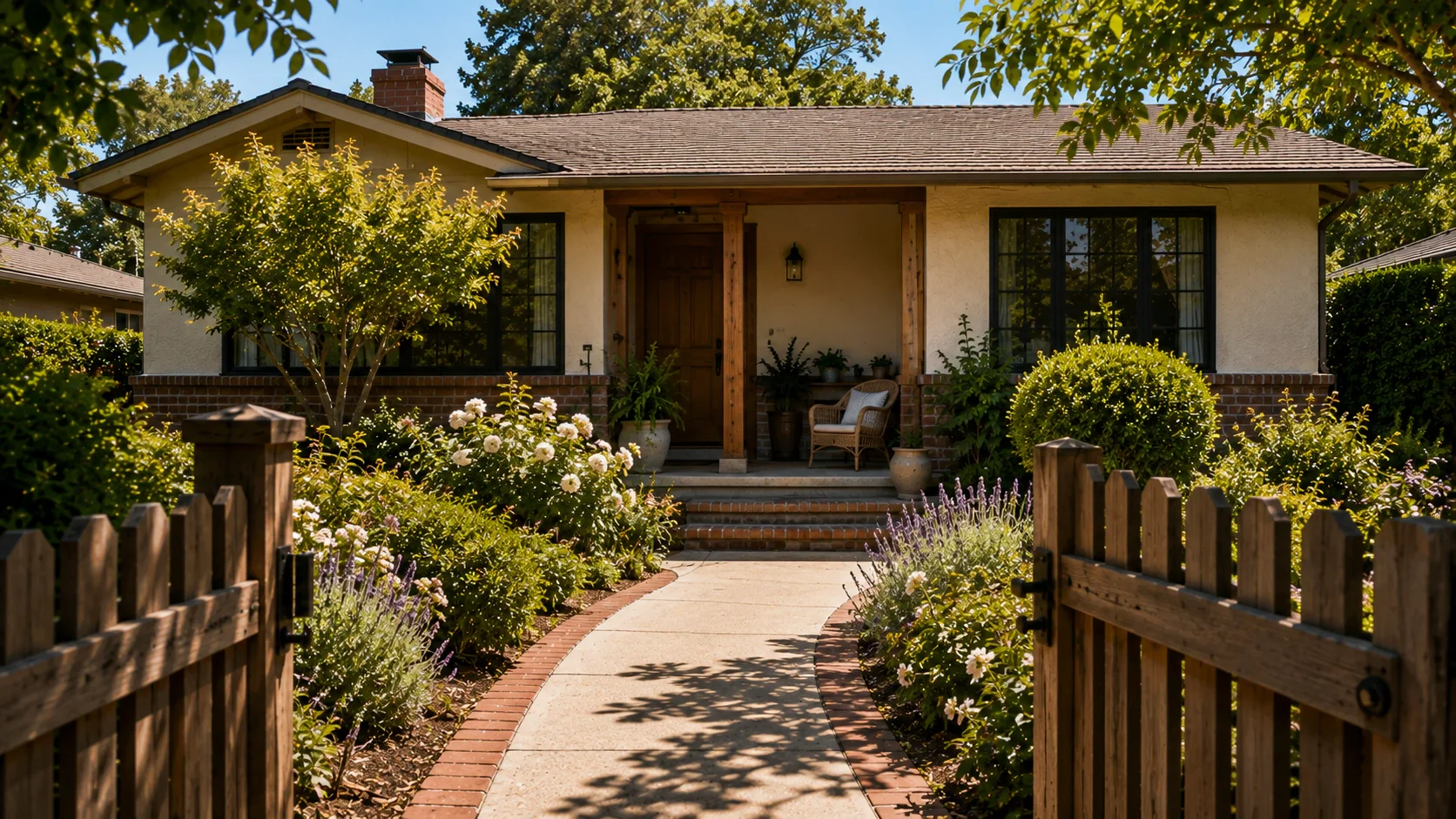 An open wooden gate at the front of an established single-storey home, with a paved path leading between beds of roses and lavender to a covered porch.