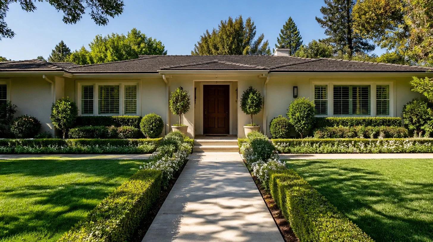 The front elevation of a well-kept single-storey Encino home viewed head-on from the end of its own path.