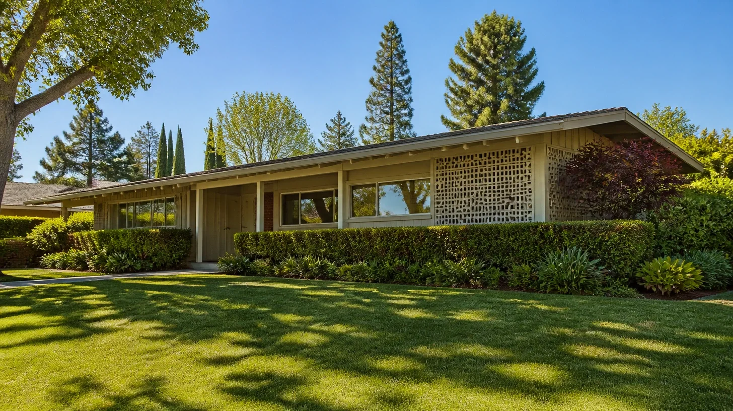 A single-storey Encino home of the late 1960s seen across its front lawn, deep eaves, a wide window band and decorative screen block.