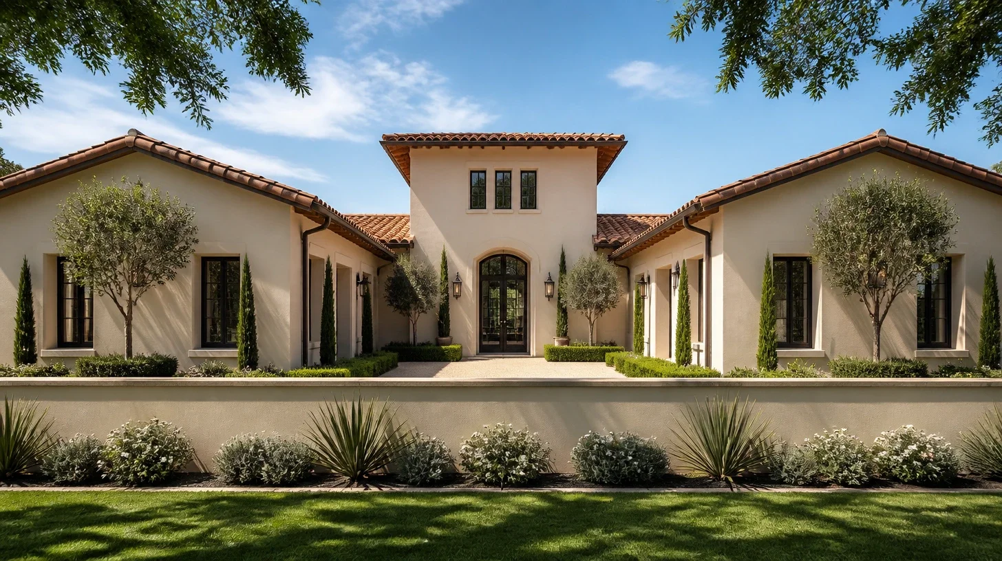 A single-storey Calabasas home with a taller centre and tiled roofs either side, its open entry court seen square on across a low freestanding wall on level ground