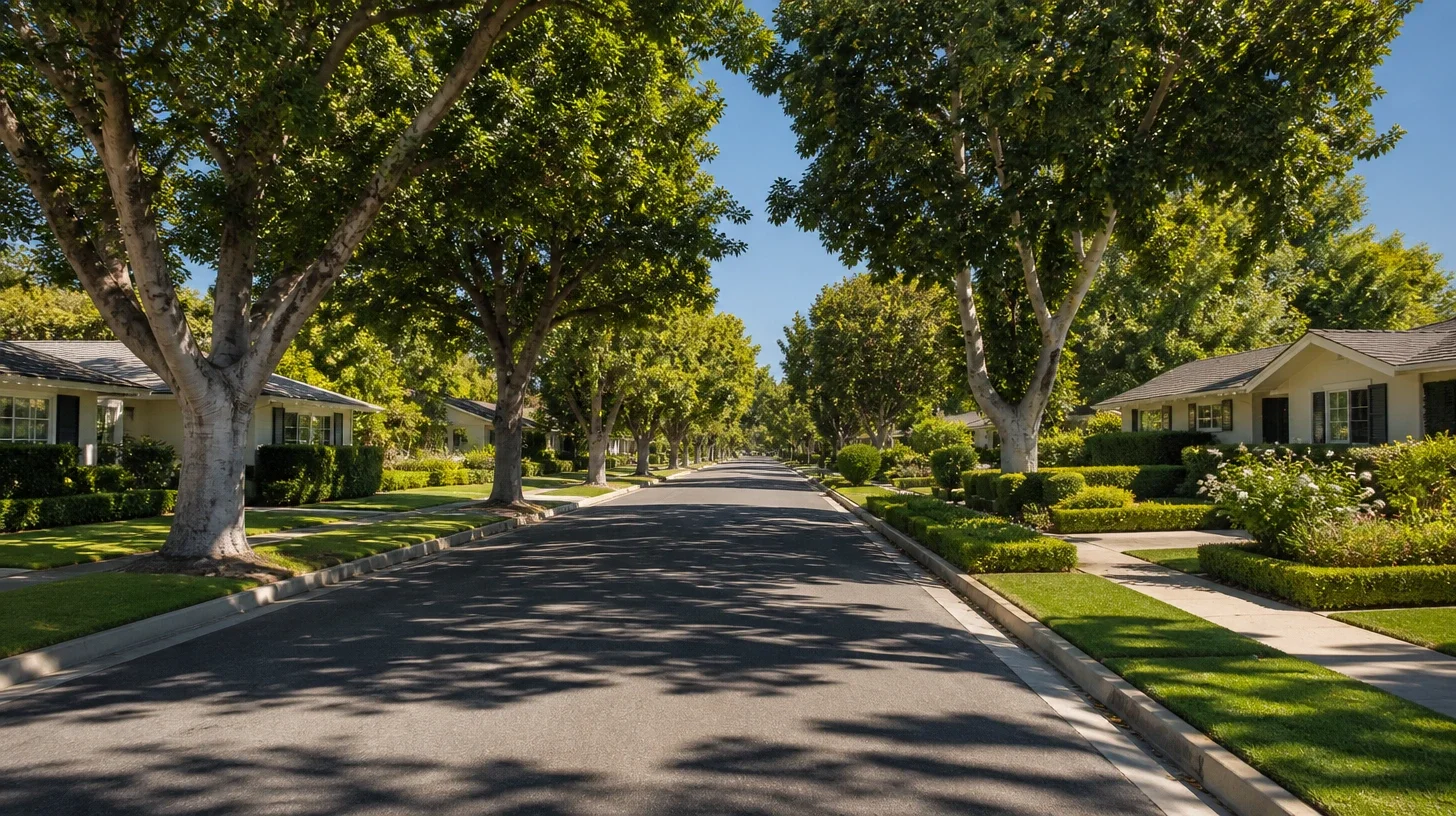 A long view along established Encino residential streets at eye level, level ground and mature canopy.