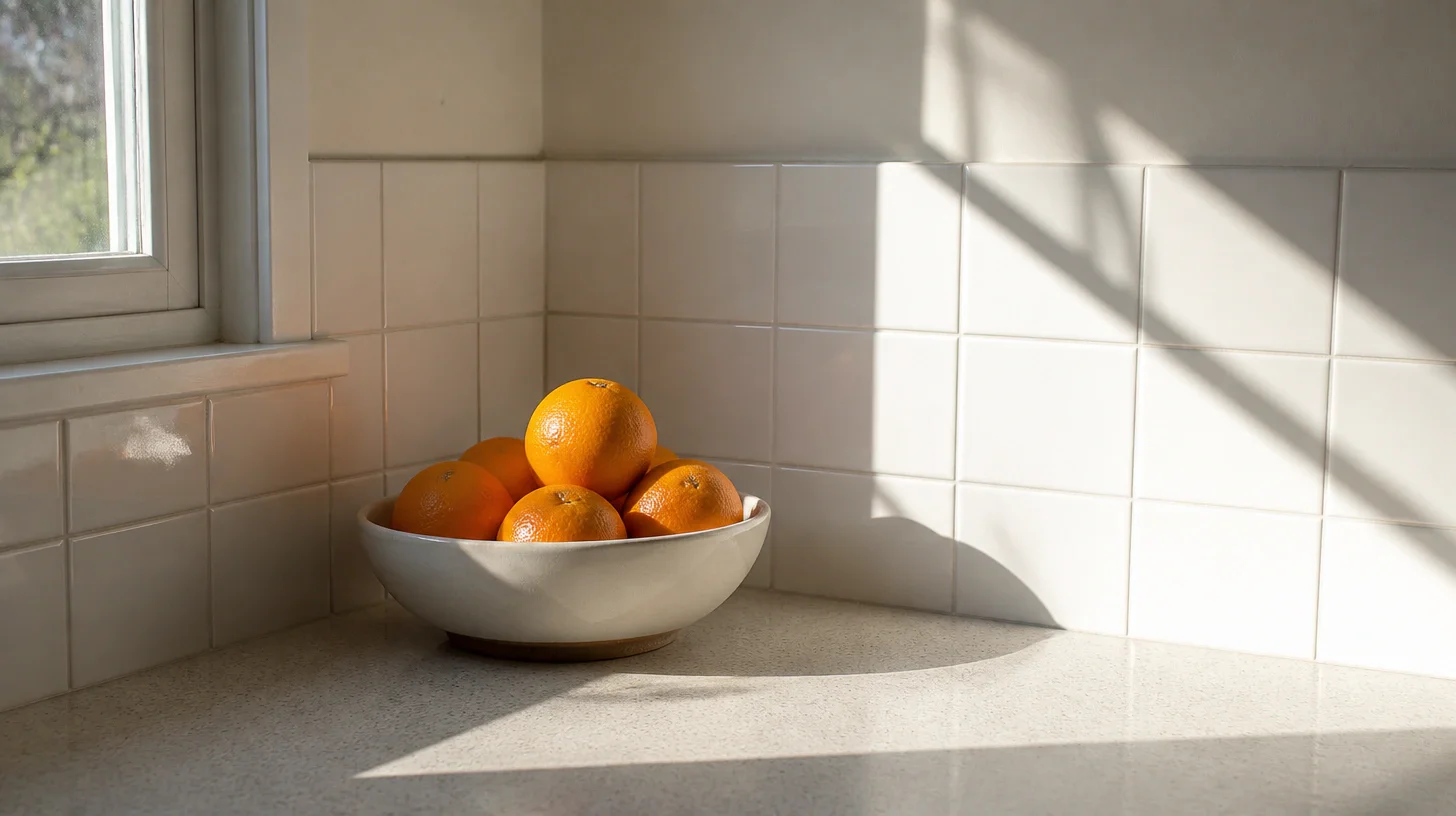 A white ceramic bowl of oranges on a pale stone kitchen counter, lit from a nearby window, against a plain white tiled wall