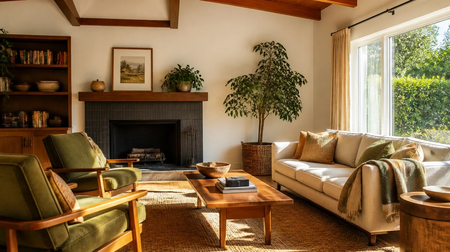 A furnished, lived-in living room in an Encino home, daylight across the floor, momentarily unoccupied.