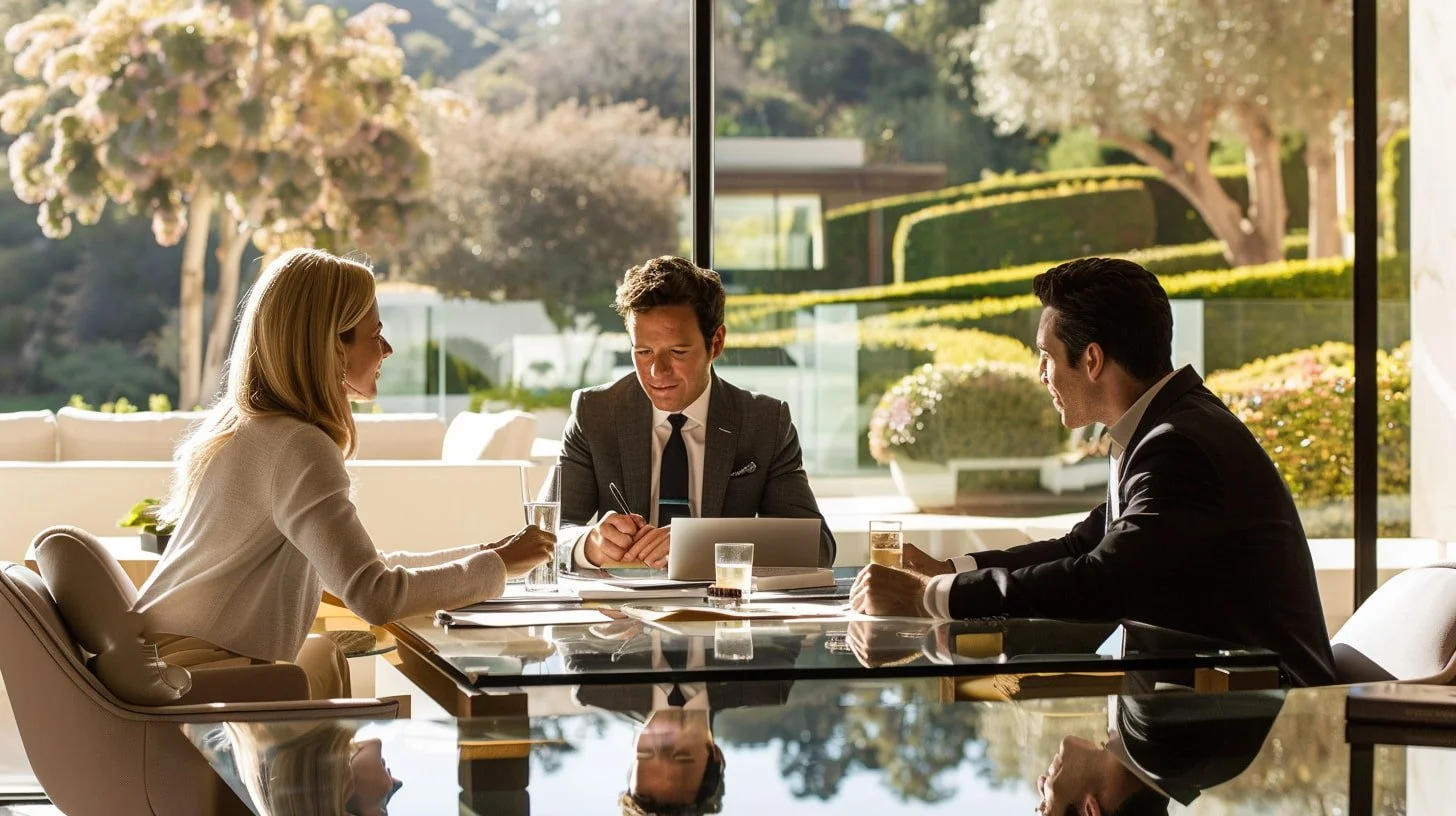 Certified divorce appraiser explaining property valuation report to clients in an elegant Beverly Hills home office