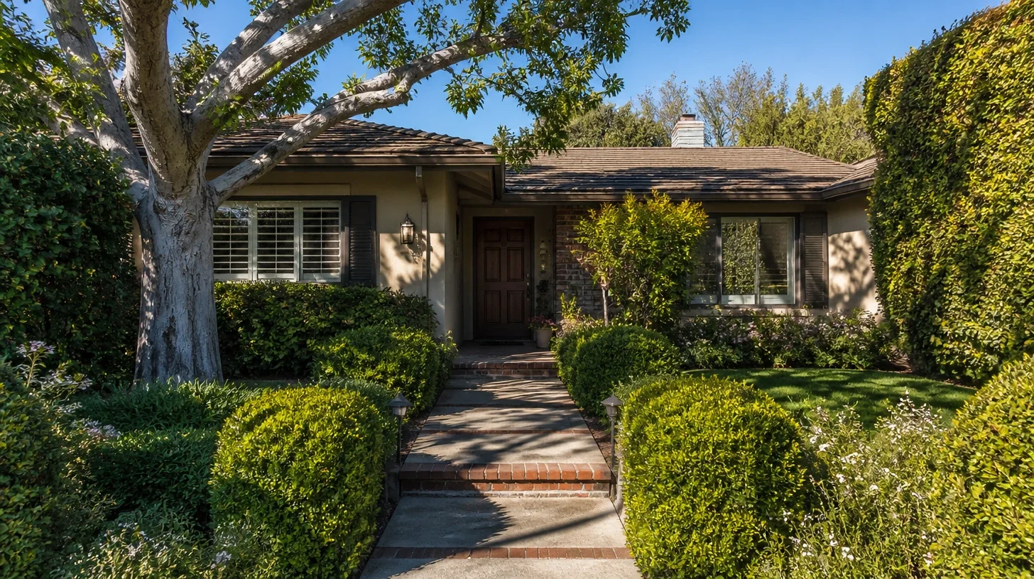 A long-held Encino home seen from its front walkway, mature hedging and planting grown in around it.