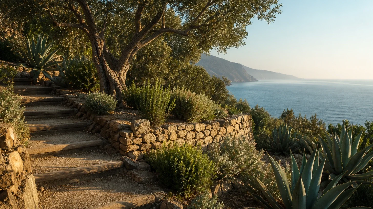 Shallow timber-edged gravel steps climbing a garden terrace beside dry-stacked stone retaining walls, planted with an old olive, agave, rosemary and lavender, with a headland and the ocean beyond in warm low light