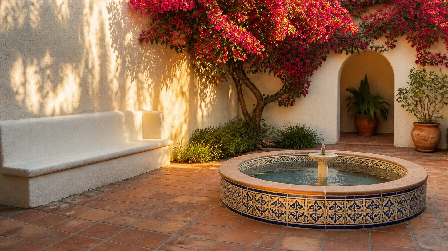 A walled courtyard in low golden light with a built-in plaster bench, a circular fountain faced in blue and ochre tile running quietly, magenta bougainvillea spilling over the wall and an arched niche holding a potted plant