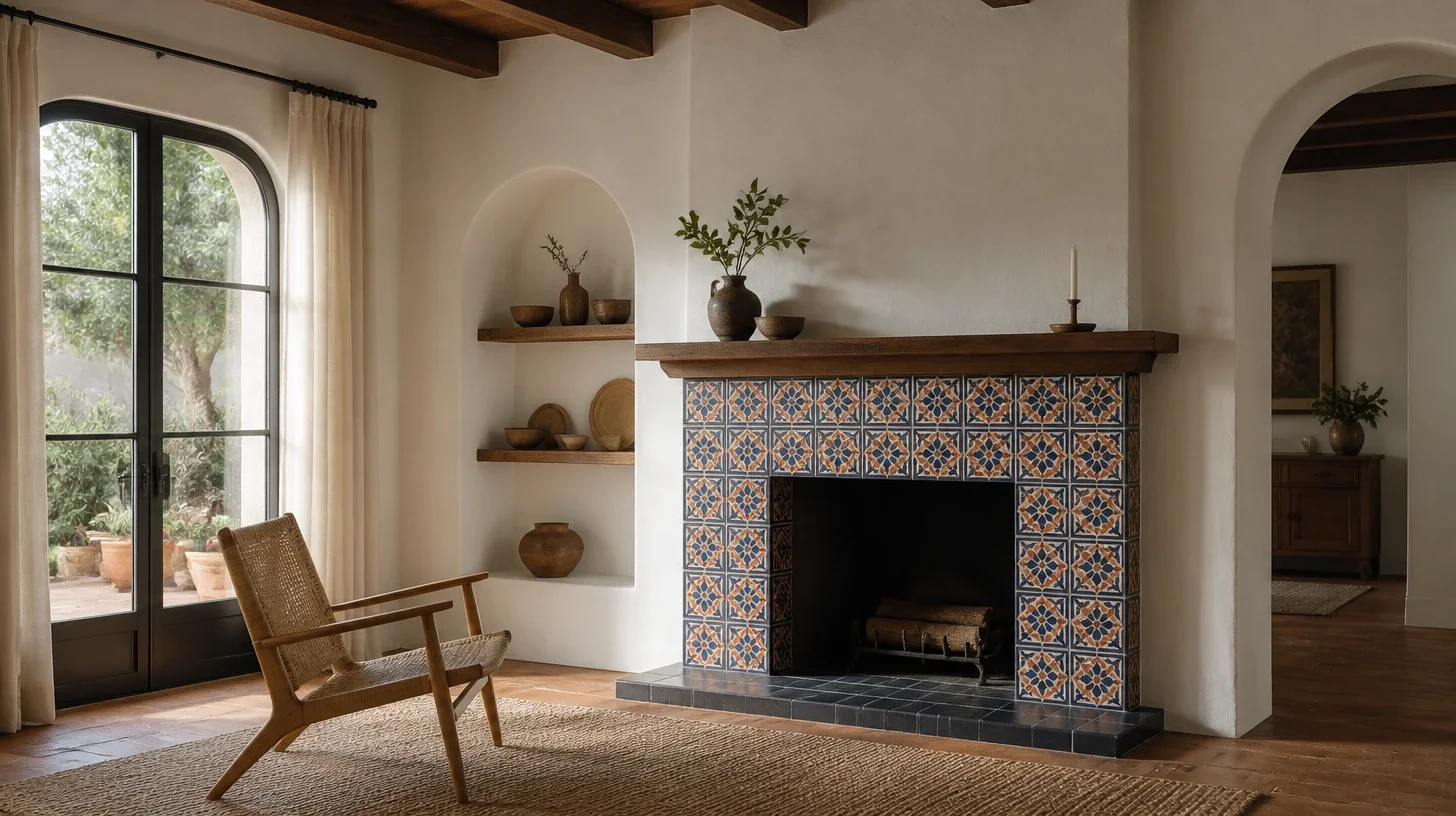 A living room with exposed timber ceiling beams and a fireplace faced in blue and ochre patterned tile, arched plaster niches holding pottery, a woven chair on a jute rug and arched glazed doors opening to a planted terrace