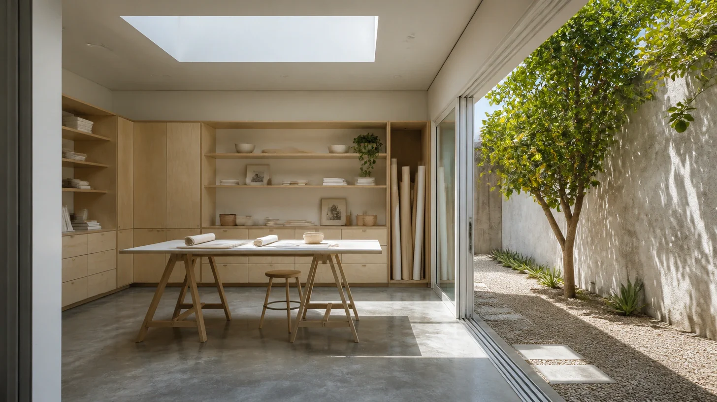 A garage converted to a studio, with a polished concrete floor, birch ply built-in storage, a trestle worktable and sliding glass to a gravel court with a citrus tree
