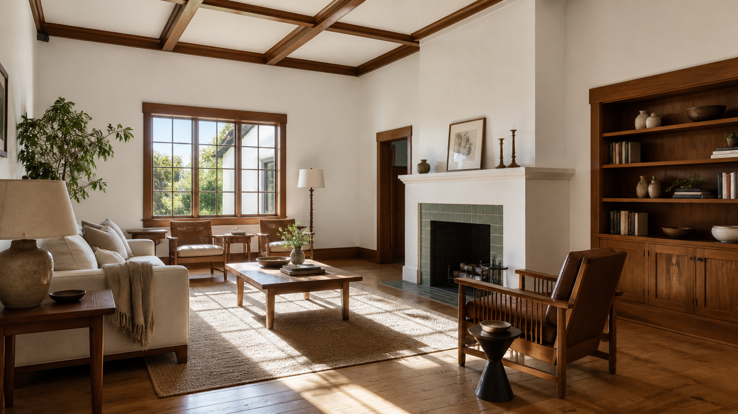 Craftsman Living Room, Sun on Oak Floor
