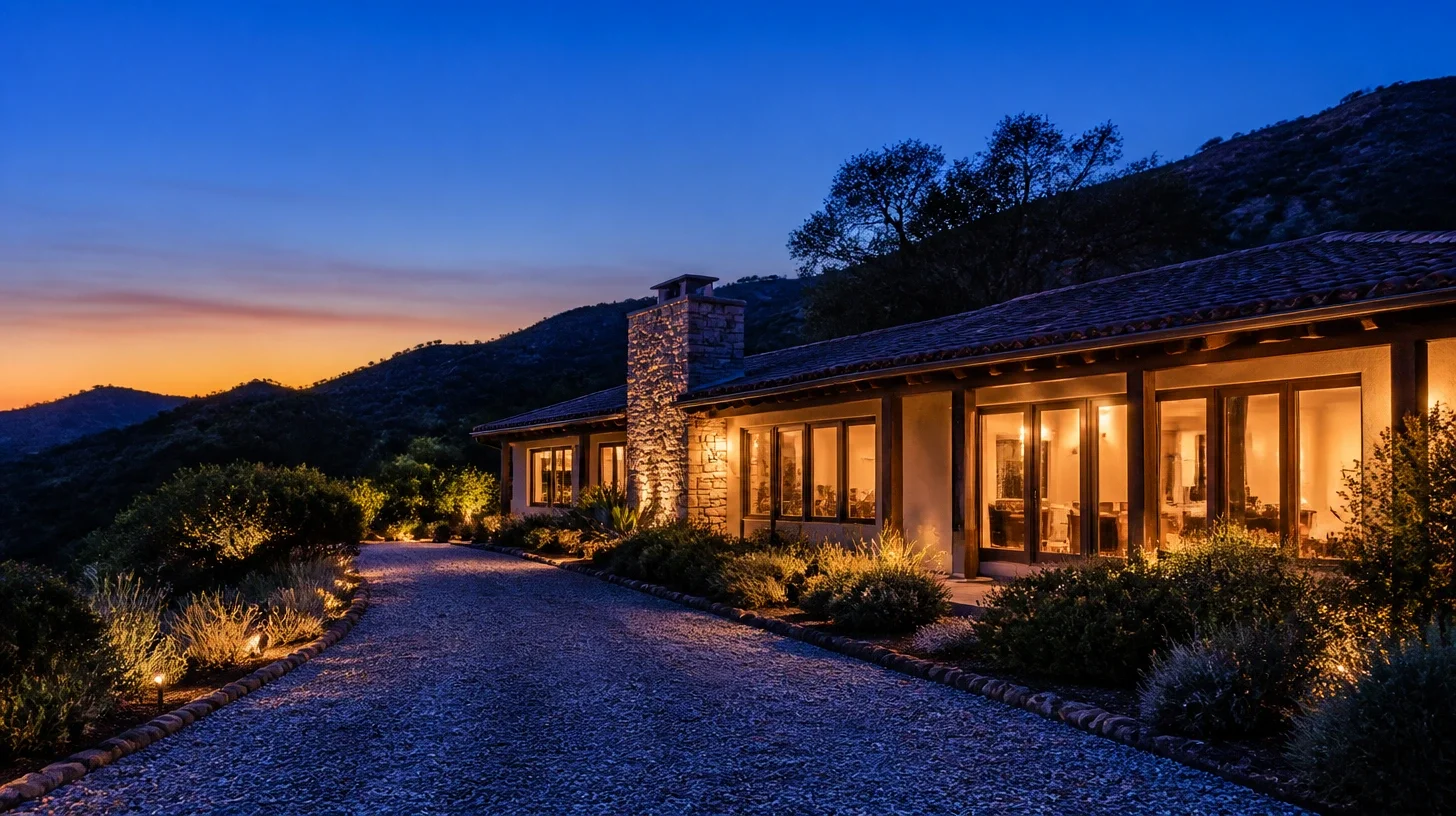 A Malibu house at full blue hour, the sky still strongly coloured and the ridgeline behind it warm, several windows lit warm from within and spilling light across the terrace and planting, its stone chimney and tile roofline clearly readable